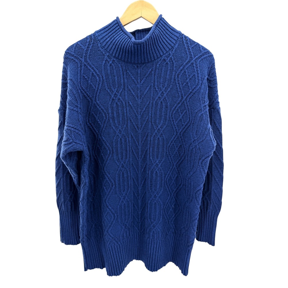 Pendleton Blue Cable Knit Sweater Womens XL Mock Roll Neck Diamond Fisherman Vtg